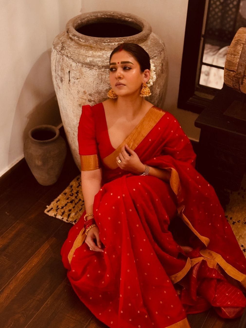 Nayanthara red saree jhumka look