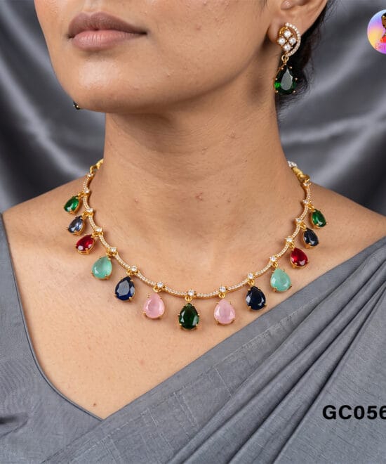 Multi Colour Stone AD Choker Set with Matching Earrings