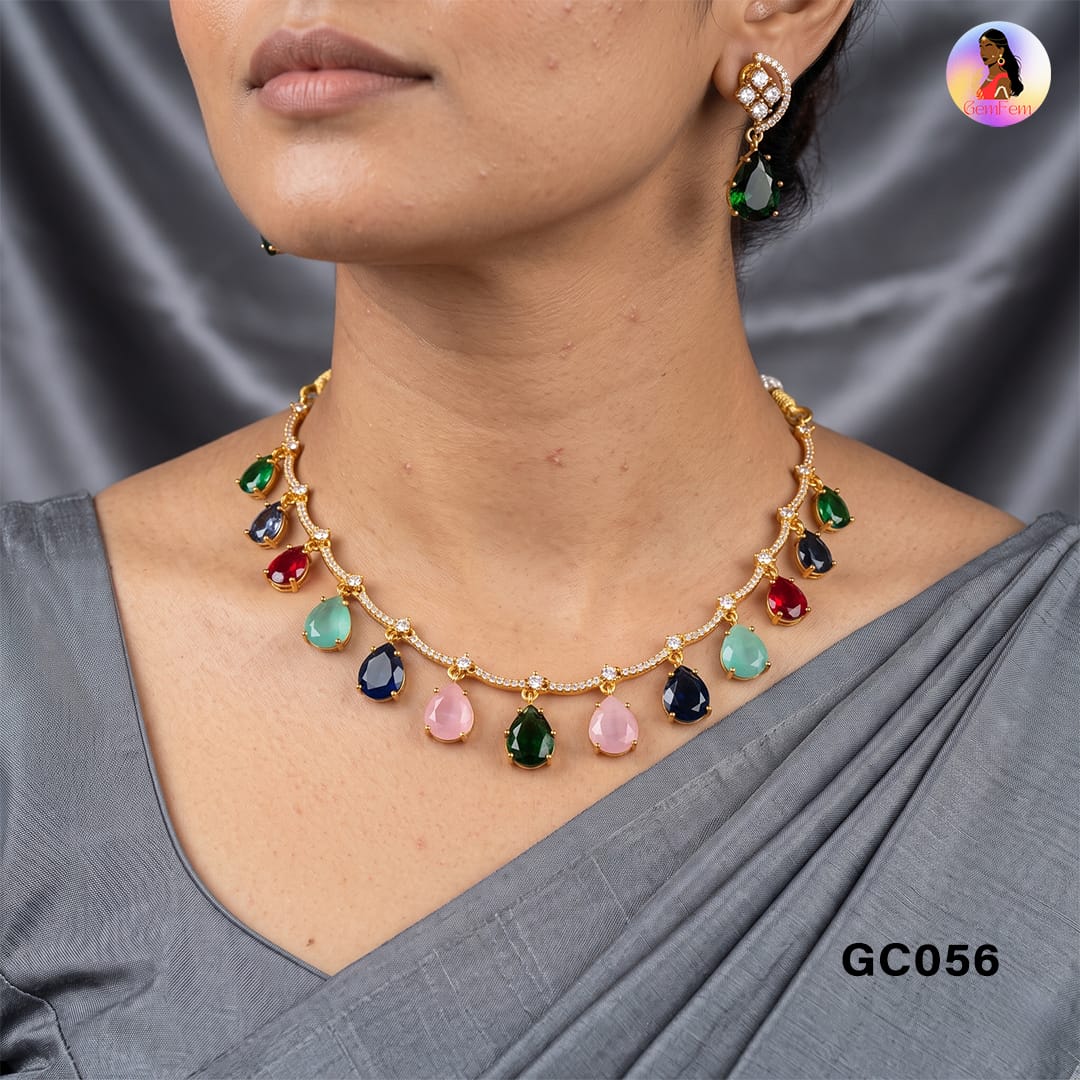 Multi Colour Stone AD Choker Set with Matching Earrings